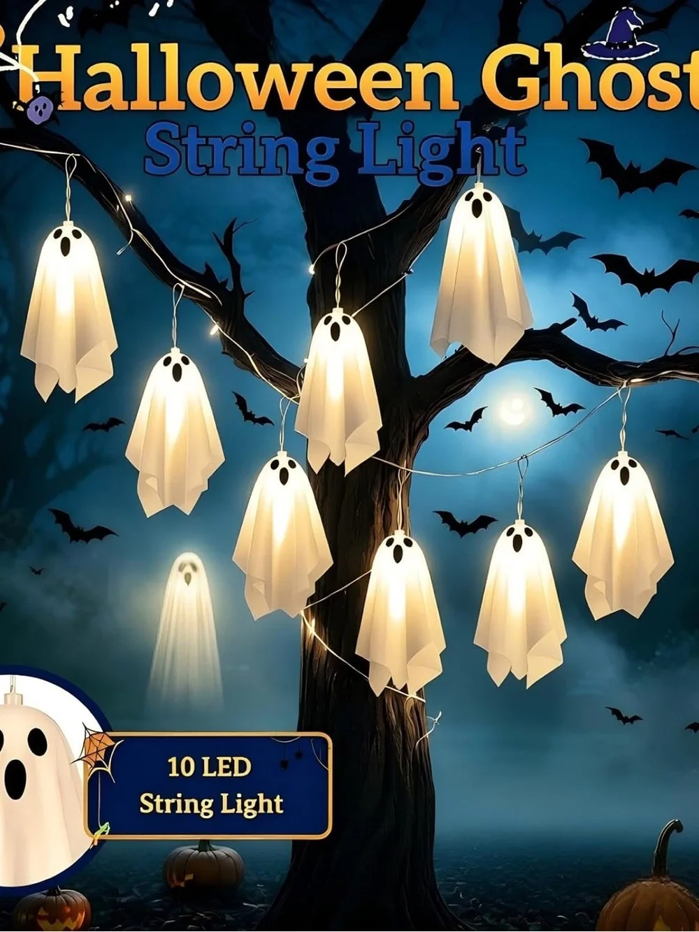 LED Solar Ghost String Lights - White Halloween Hanging Decor
